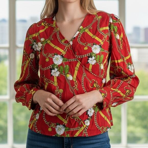 Liu Jo Tops - Womens Shirt Size 40 Medium Red Chains Floral Business Casual Belt Brand New NWT